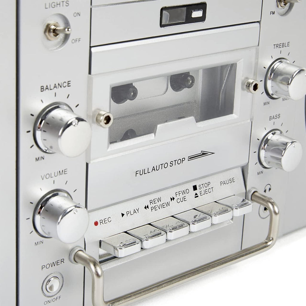 Silver Portable Boombox with CD Player Cassette Player FM Radio USB Bluetooth Speaker Y726594