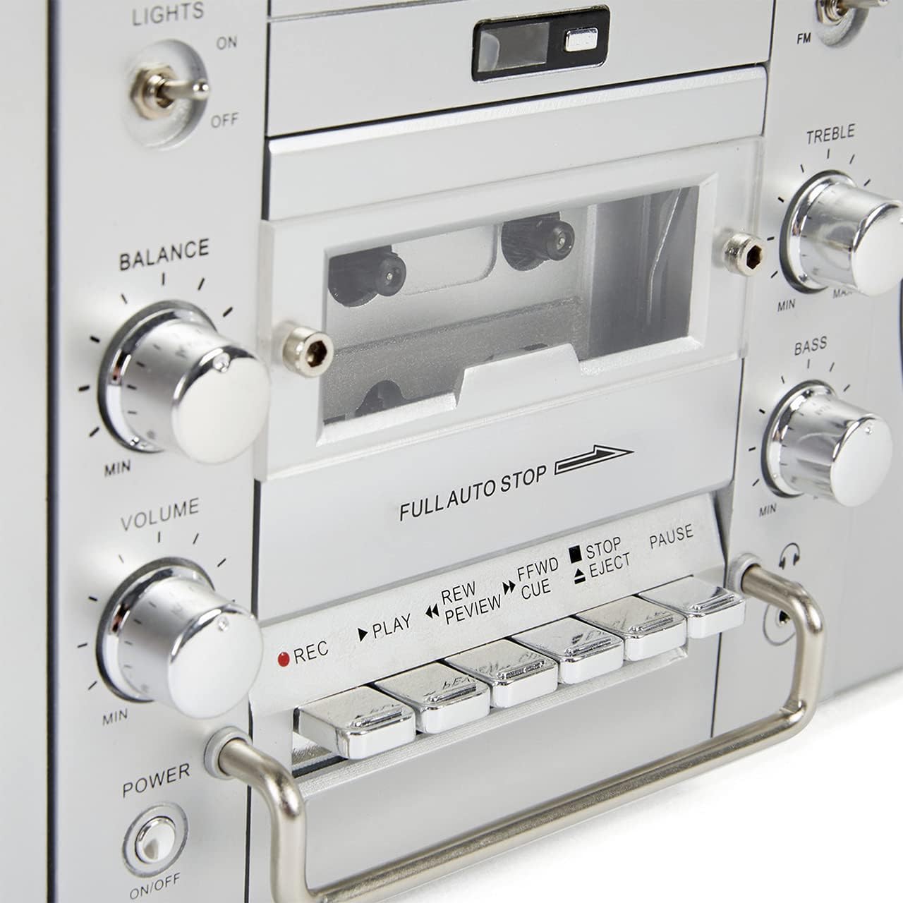 Silver Portable Boombox with CD Player Cassette Player FM Radio USB Bluetooth Speaker Y726594