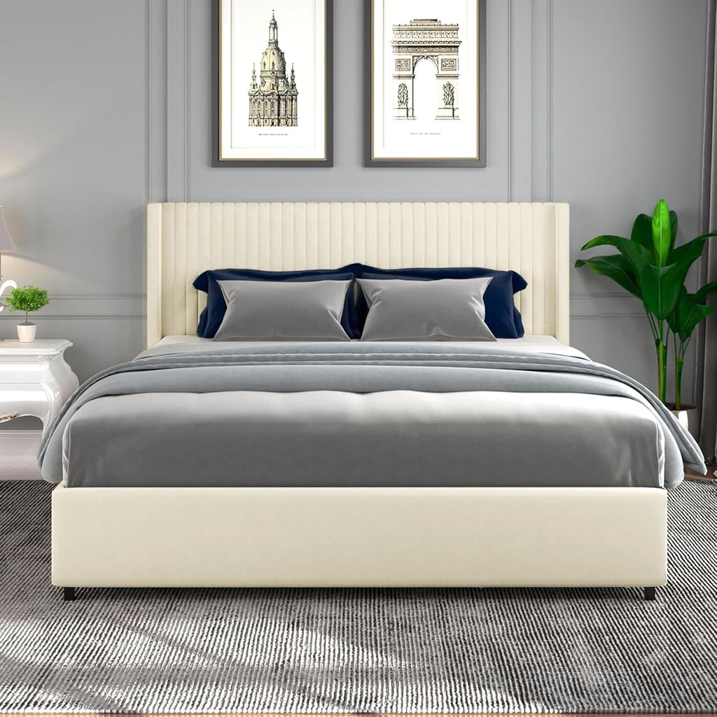 Queen Size Upholstered Bed Frame with 4 Drawers Storage and Headboard, Ivory Velvet K610906