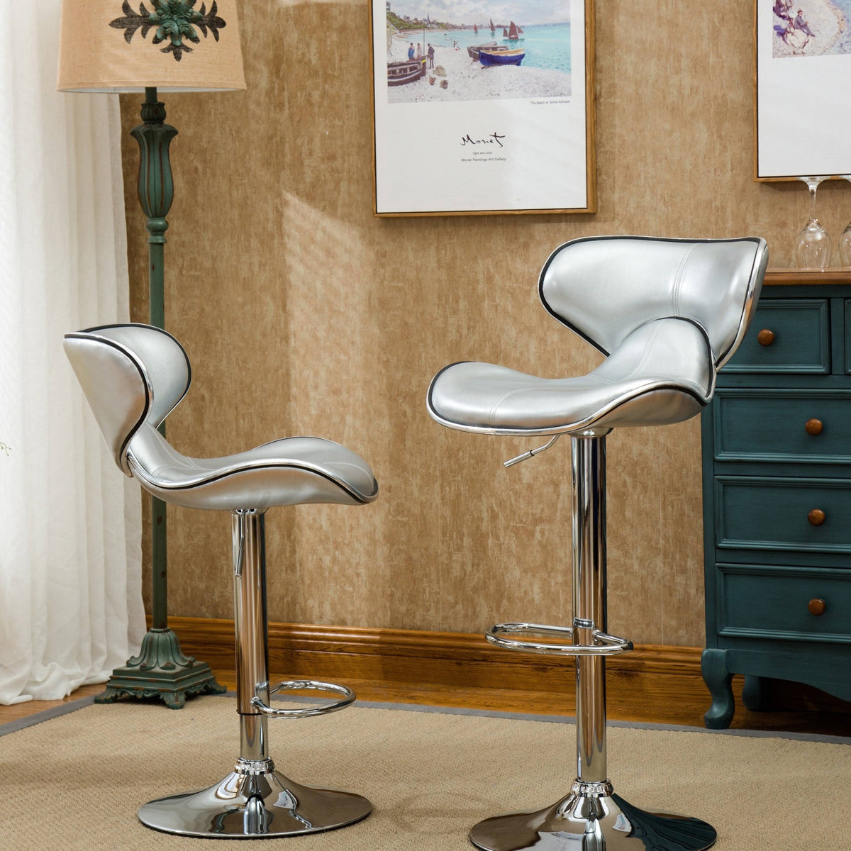 Leatherette Adjustable Swivel Barstool Set of 2 Silver M23156