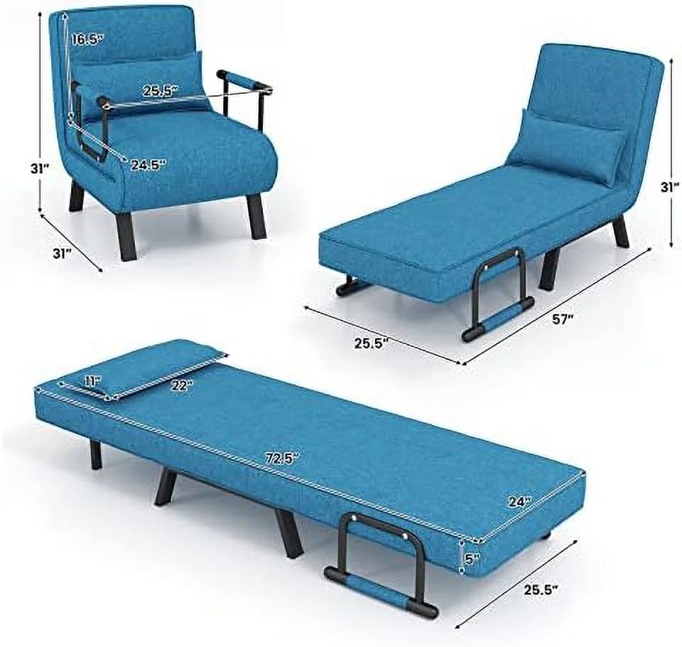 Convertible Sofa Bed 4-in-1 Sleeper Chair with Pillow, 6 Positions Adjustable Backrest, Metal Legs, Linen Fabric L768111
