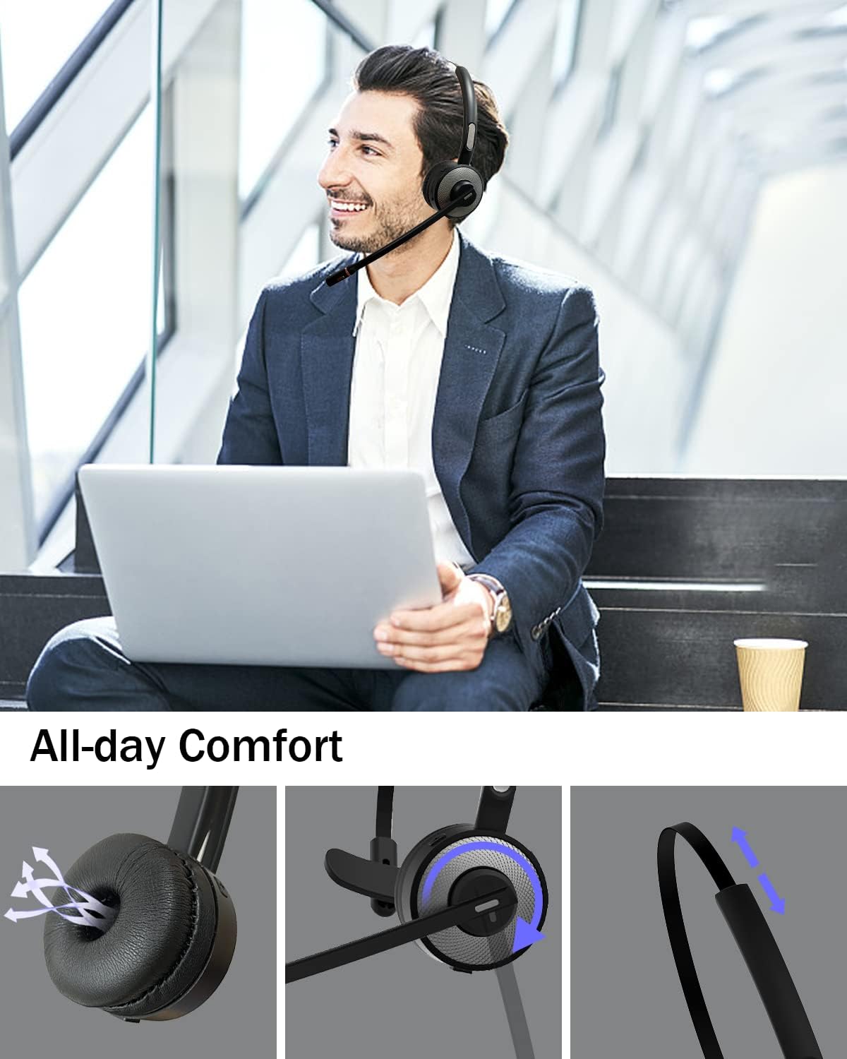 Bluetooth Headset with USB Dongle, Single-Ear Wireless Headset with Noise Cancelling Microphone Charging Base, Pack of 2 Y291