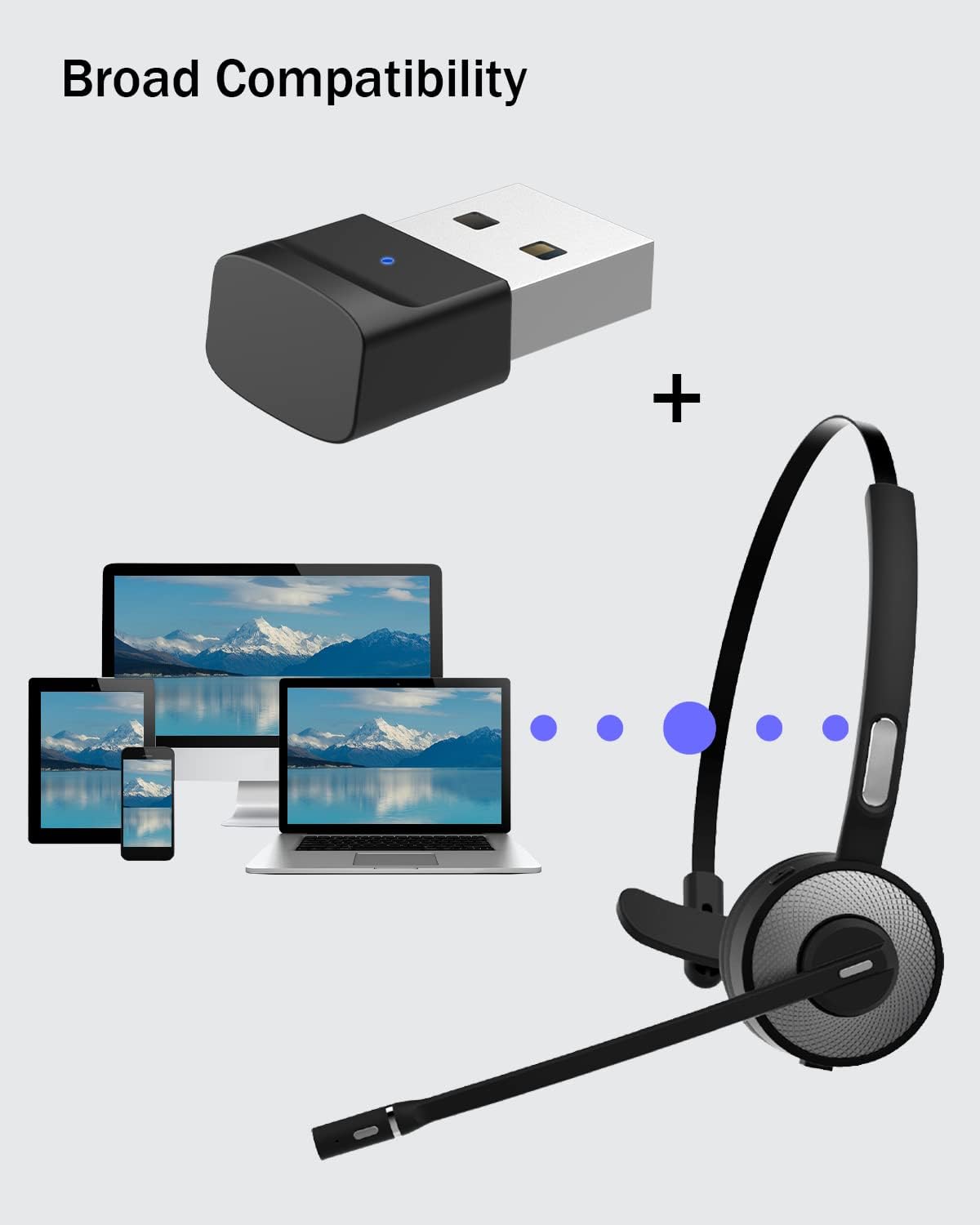 Bluetooth Headset with USB Dongle, Single-Ear Wireless Headset with Noise Cancelling Microphone Charging Base, Pack of 2 Y291