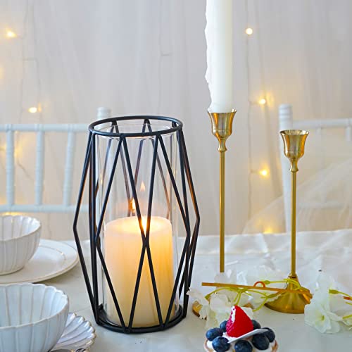 2Pcs Gold Pillar Hurricane Candle Holders, Clear Glass Candleholders with Geometric Metal Rack Stand, 8.5" A405535