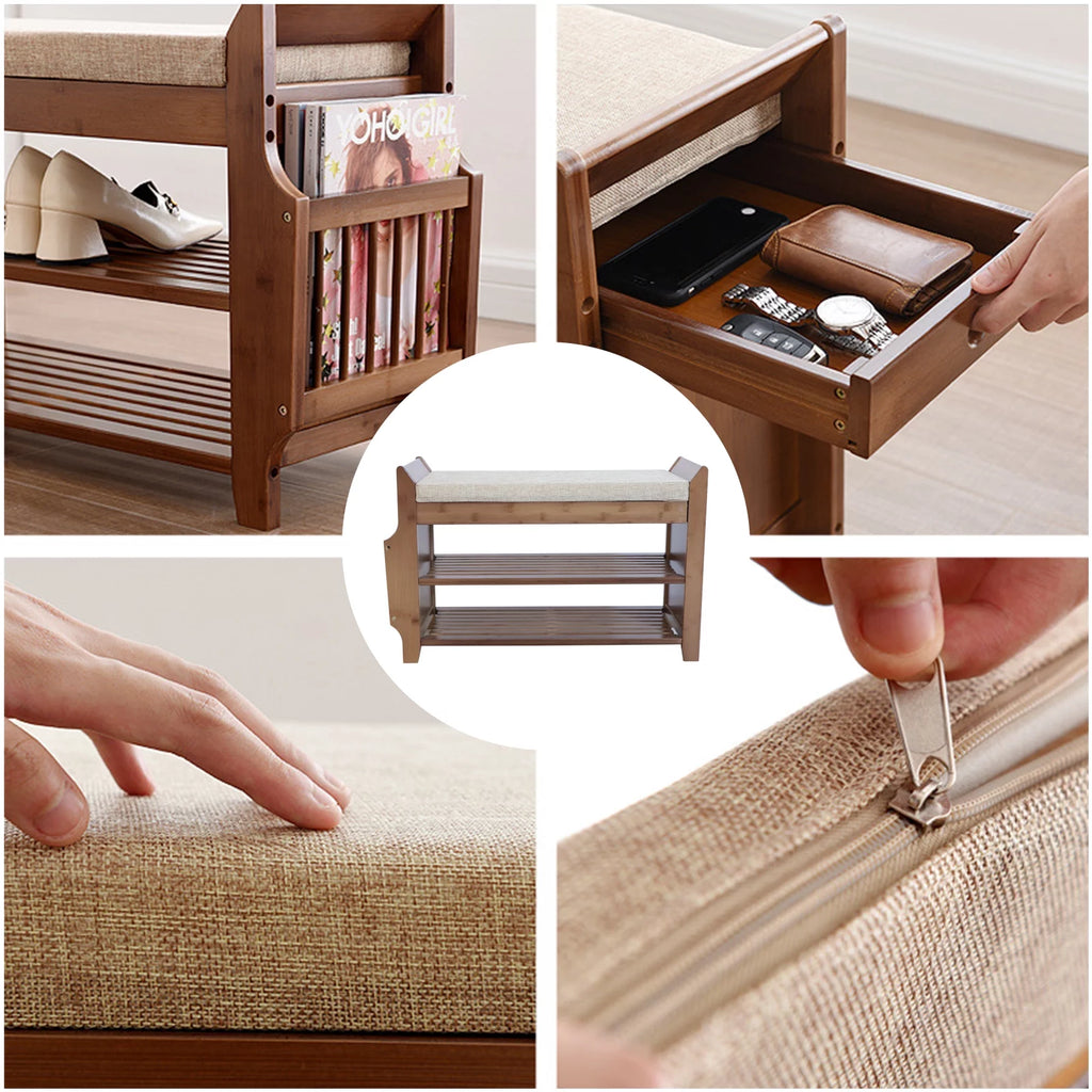 2 Tier Bamboo Shoe Rack Bench with Soft Seat C776300