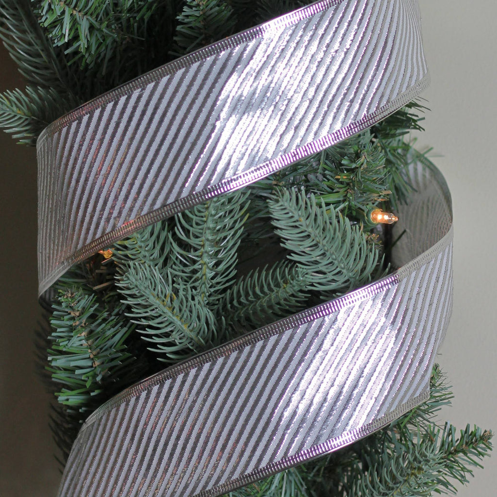 Shiny Silver Diagonal Striped Wired Christmas Craft Ribbon 2.5 x 120 Yards U67998