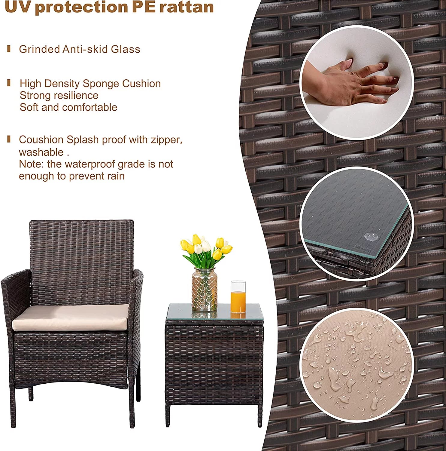 3 Pieces Outdoor Patio Furniture Set with Cushions and Coffee Table Brown Z6161
