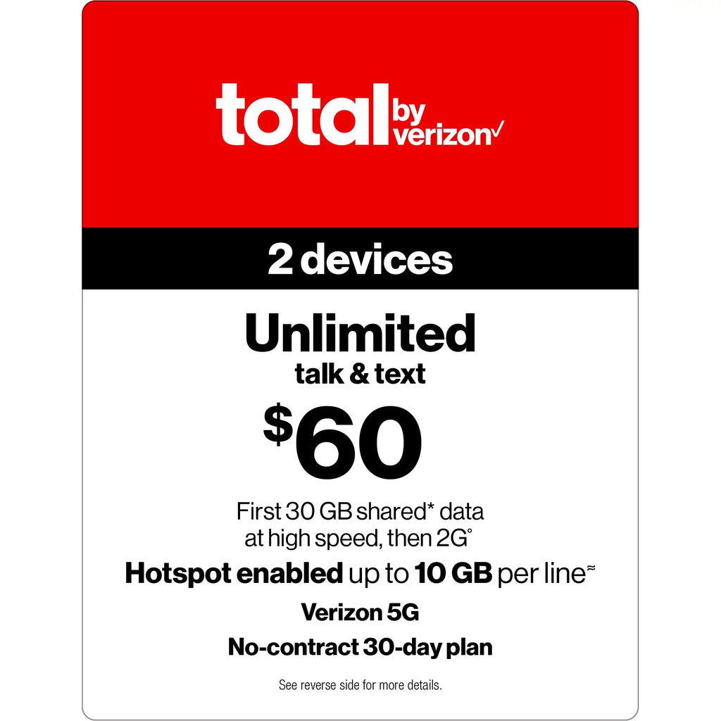 $60 Unlimited 30-Day 2 Lines Prepaid Plan with 30GB Shared Data R981633
