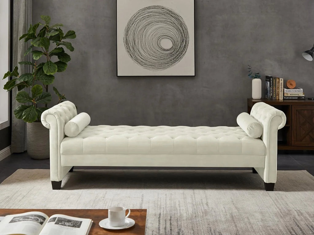 Ivory Velvet Upholstered Bench with 2 Pillows I52952