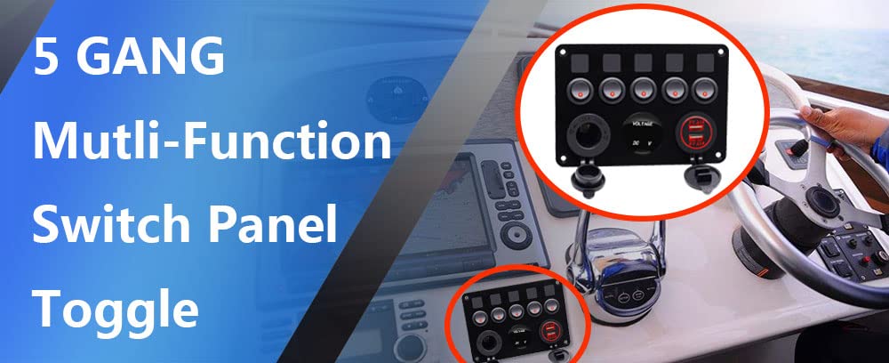 5 Gang Waterproof Toggle Rocker Switch Panel with Dual USB Charger, Voltmeter, 12V Power Outlet, Red, Pack of 2 S359