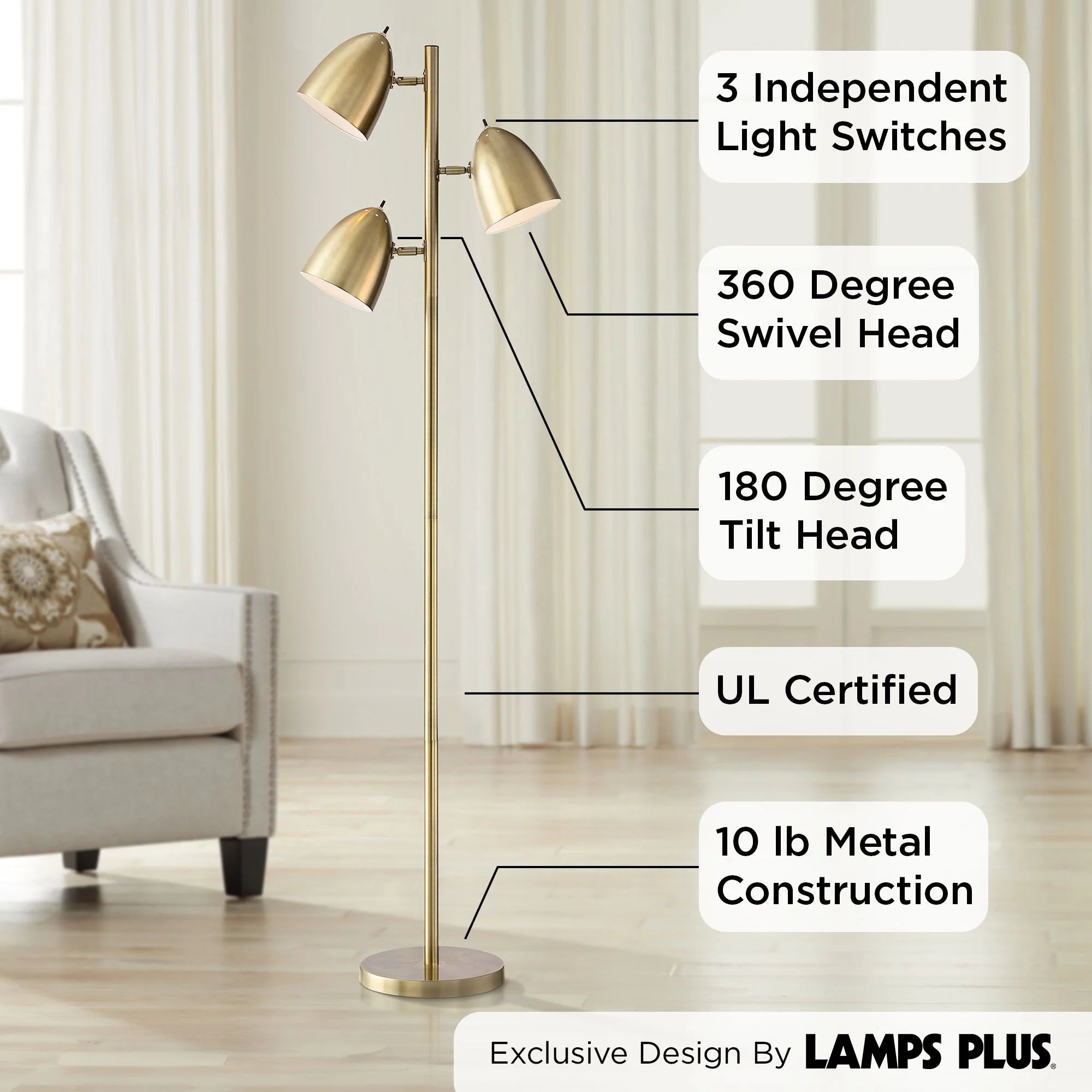 Aged Brass 3 Light Adjustable Dome Shade Floor Lamp S193