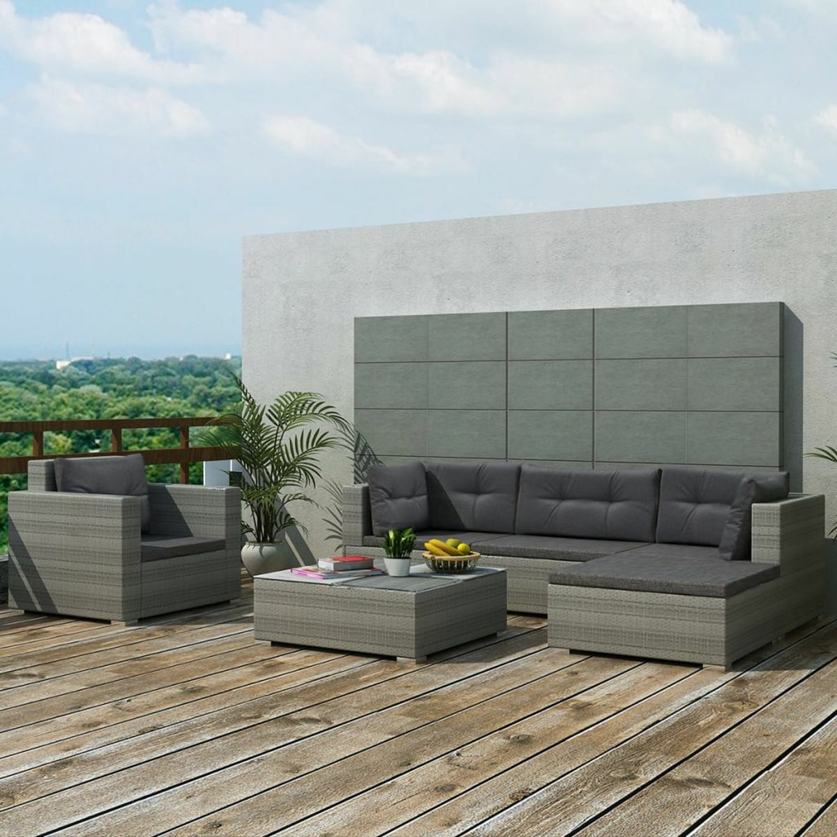6 PCS Rattan Patio Sectional Sofa Set with Cushions Ottoman and Coffee Table (Grey) Z13815