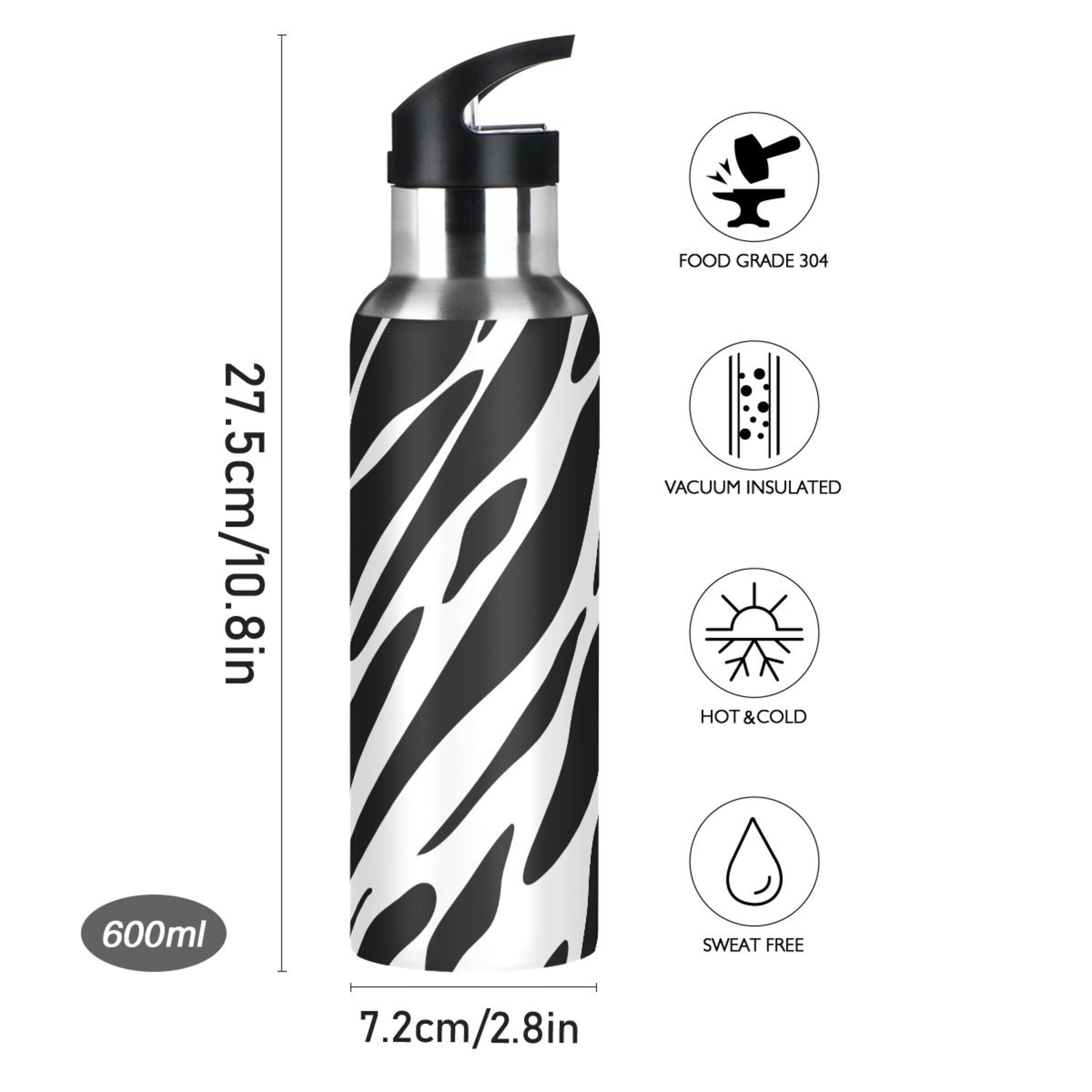 Black and White Insulated Stainless Steel Water Bottle with Straw Lid 20 oz Y432