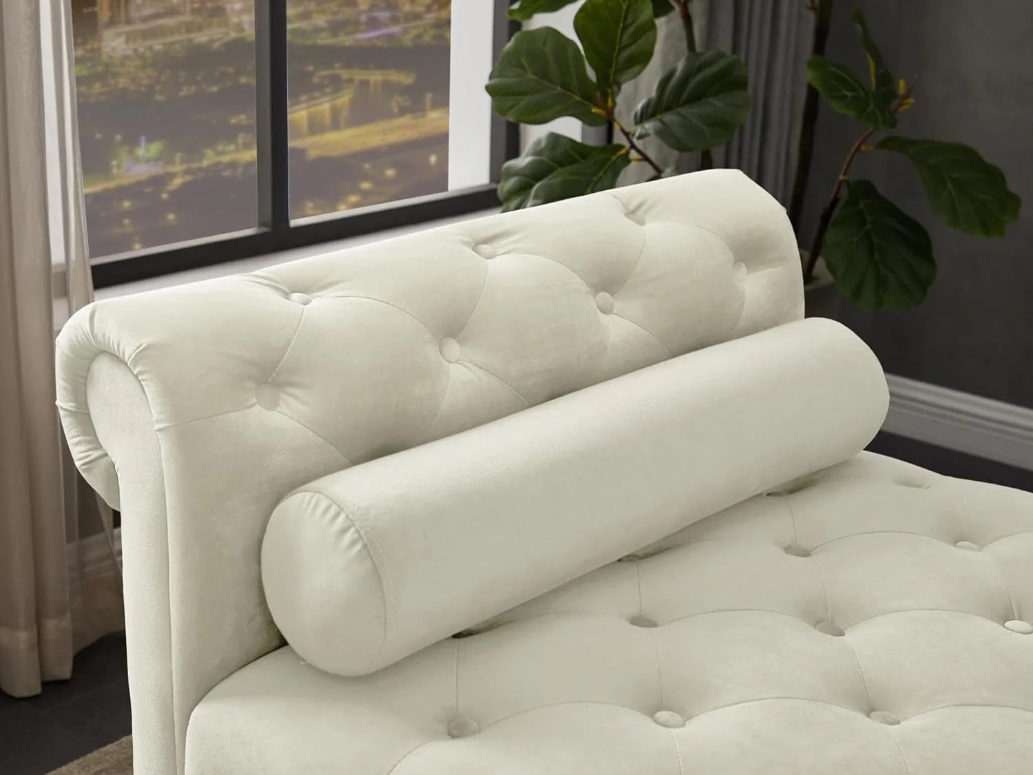 Ivory Velvet Upholstered Bench with 2 Pillows I52952