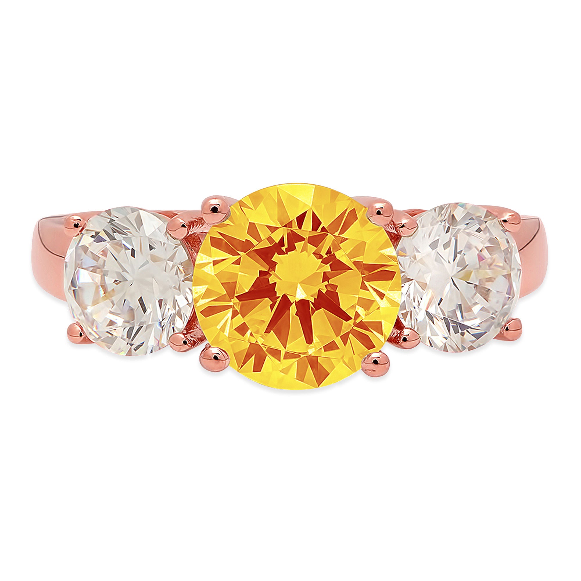 3.25ct Round Cut Yellow Natural Citrine 18k Rose Gold 3 Stone Ring Size 3.75 I610957
