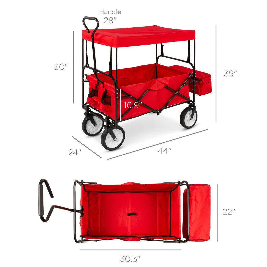 Red Collapsible Outdoor Utility Wagon with Removable Canopy T751