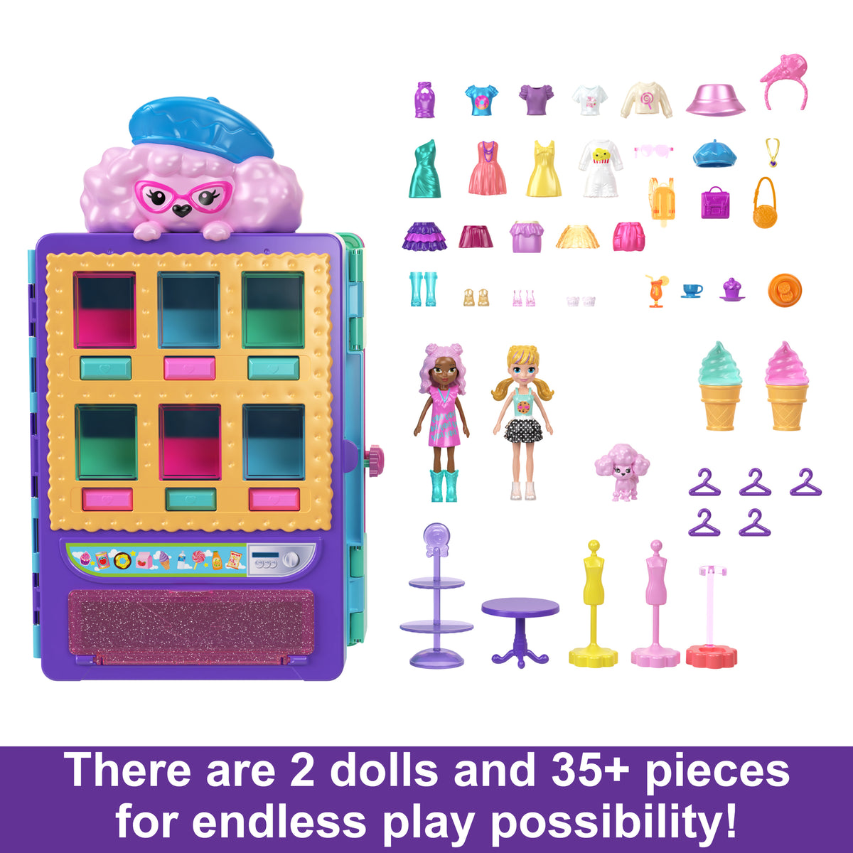 Candy Style Fashion Drop Playset with 2 Dolls, Vending Machine, 35+ Accessories I56913