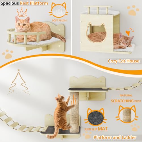 Wooden Wall-Mounted Cat Shelves with Scratching Post E741874