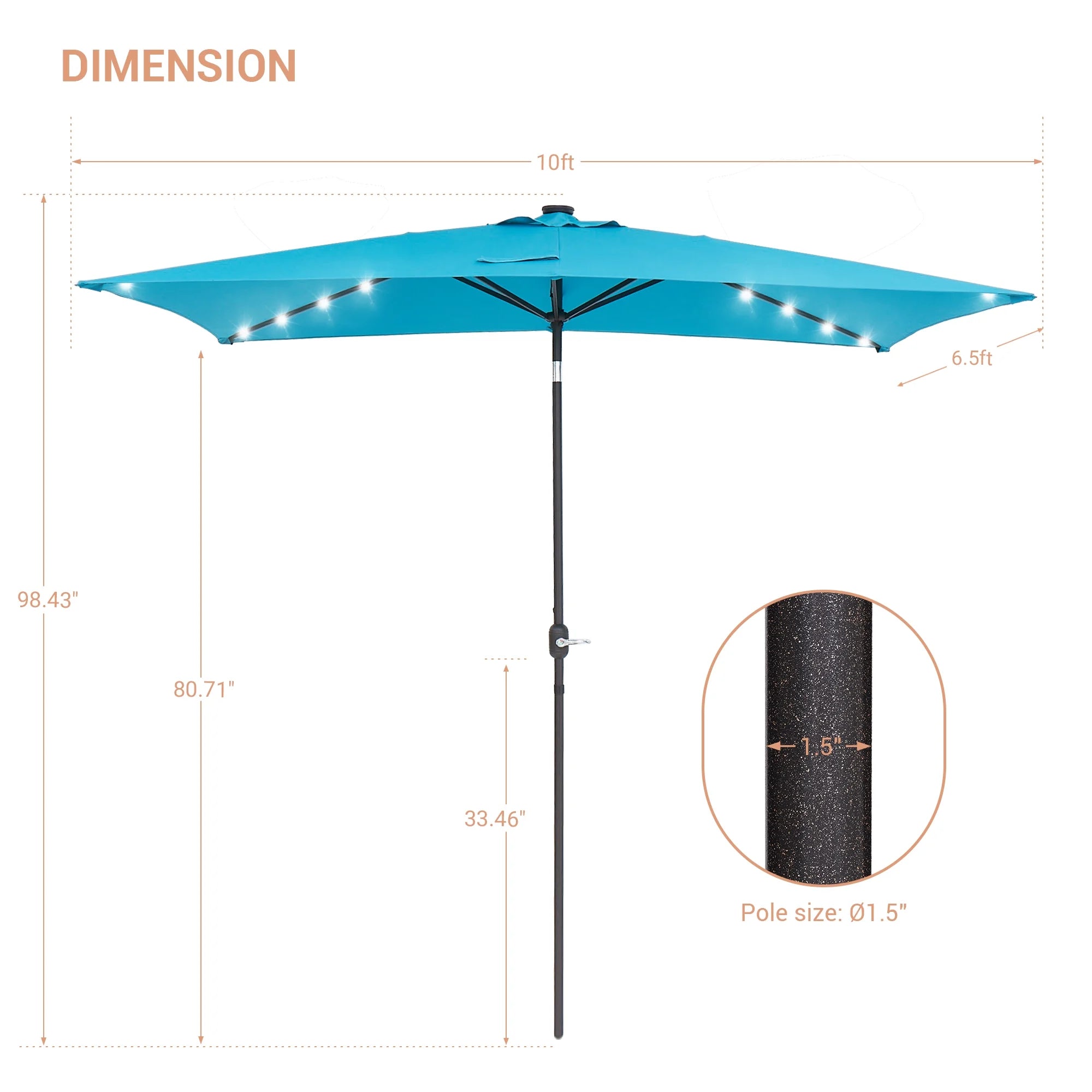 10 x 6.5ft LED Rectangle Outdoor Patio Umbrella with Polyester Canopy, Lake Blue R7538
