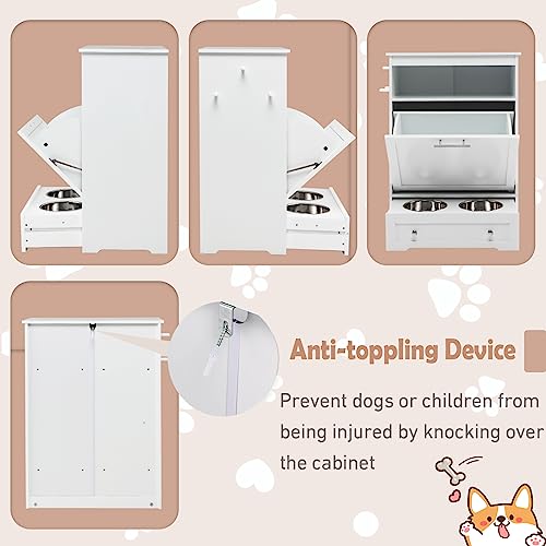 White Dog Food Storage Cabinet with 2 Raised Dog Bowls V2969