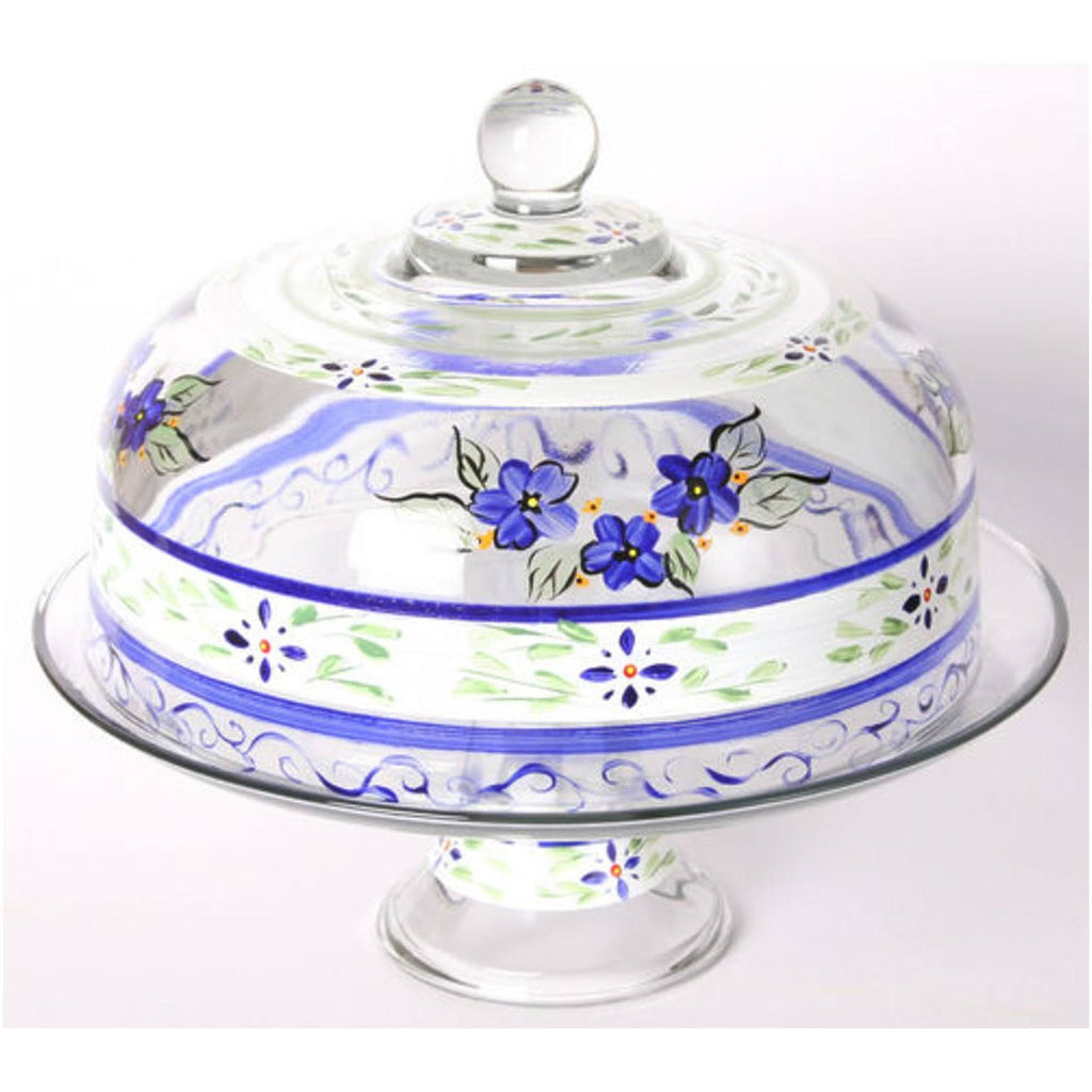 Blue Floral Hand Painted Glass Large Cake Dome W260837