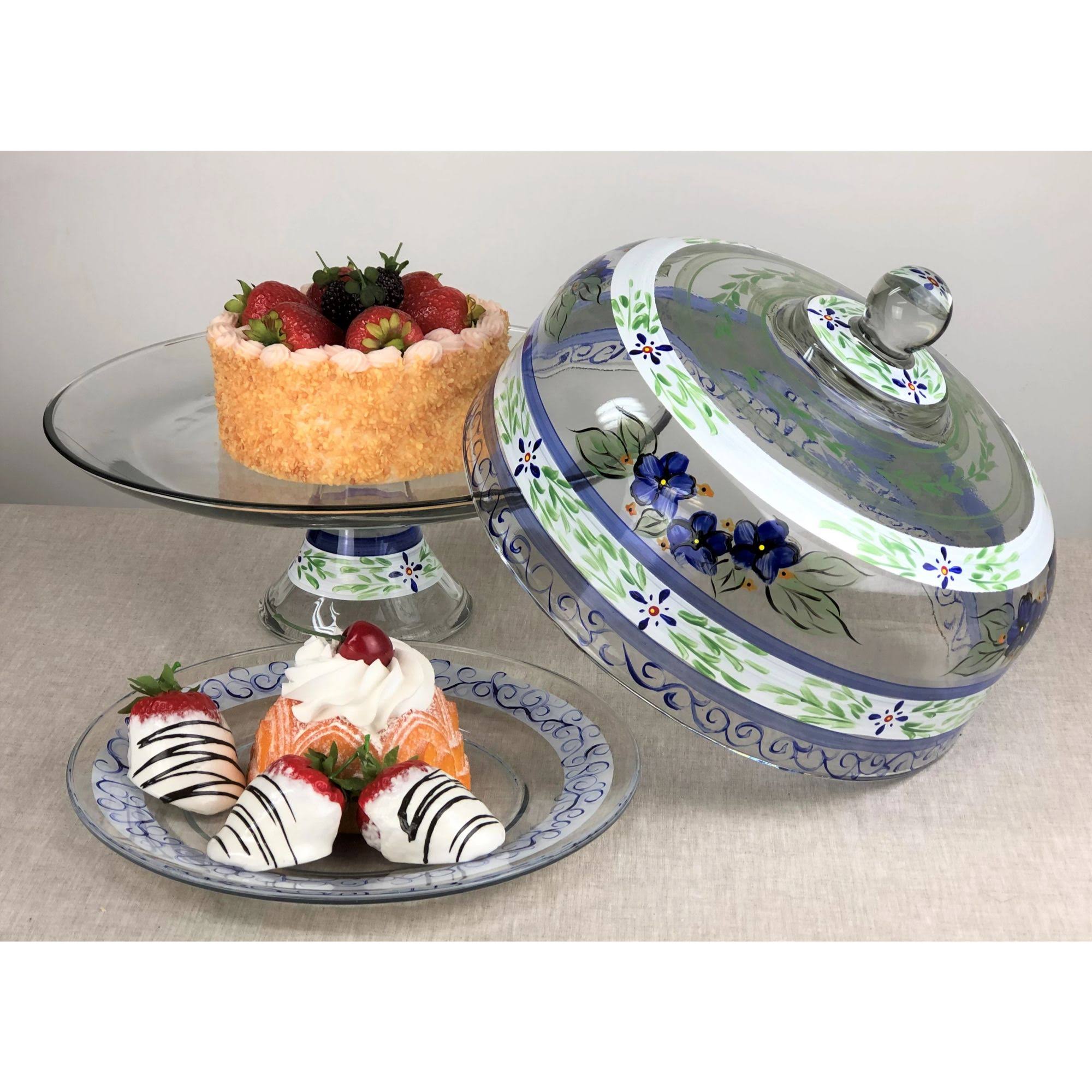 Blue Floral Hand Painted Glass Large Cake Dome W260837