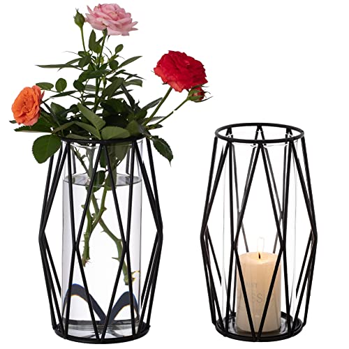 2Pcs Gold Pillar Hurricane Candle Holders, Clear Glass Candleholders with Geometric Metal Rack Stand, 8.5" A405535