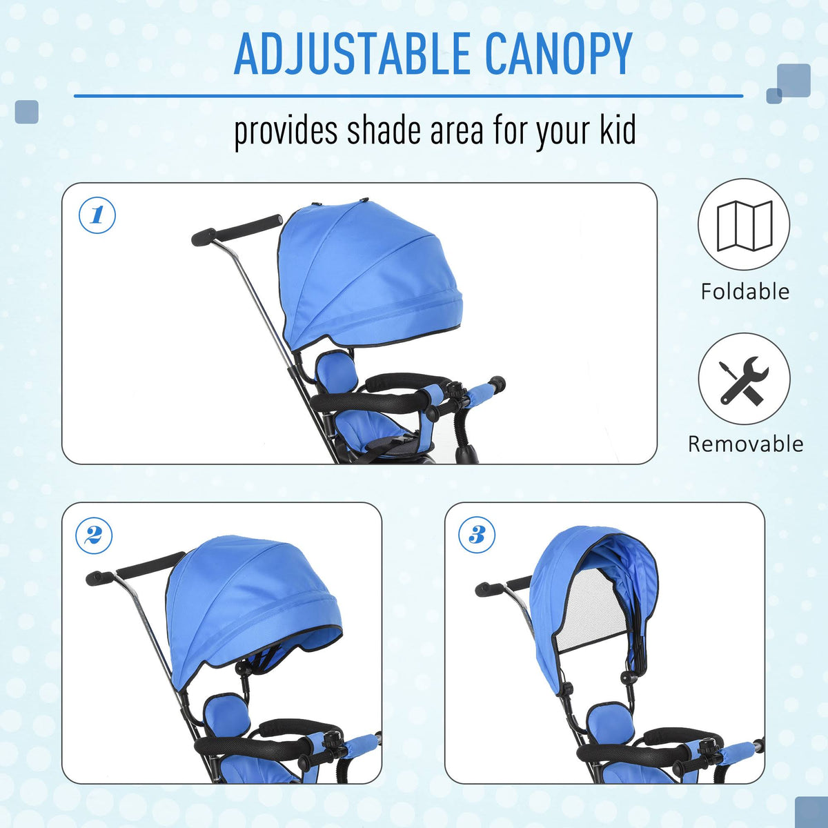Blue 2 in 1 Baby Tricycle Stroller with Adjustable Canopy Detachable Guardrail Safety Belt K9569