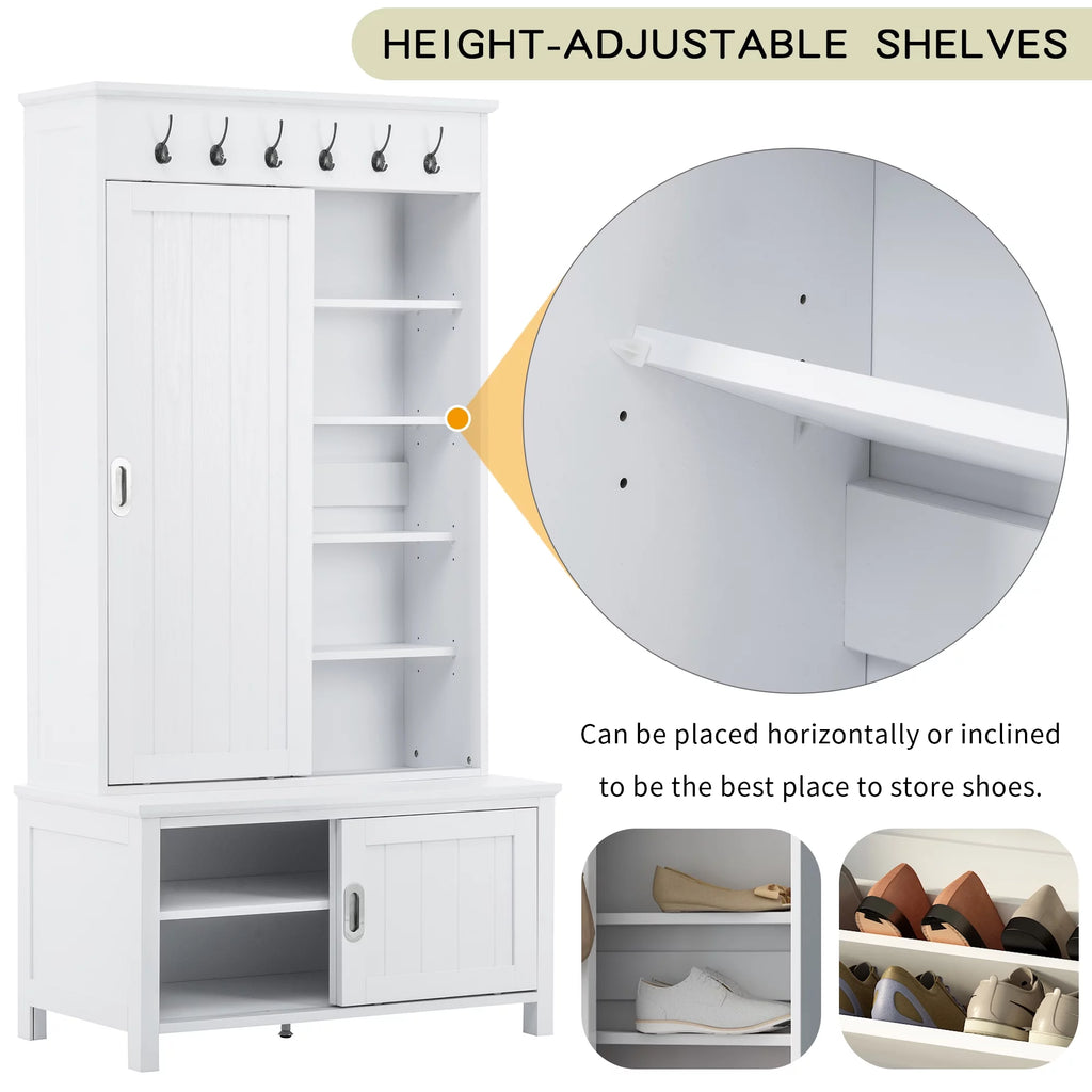 White Wooden Hall Tree with Sliding Doors and Storage Bench A939787