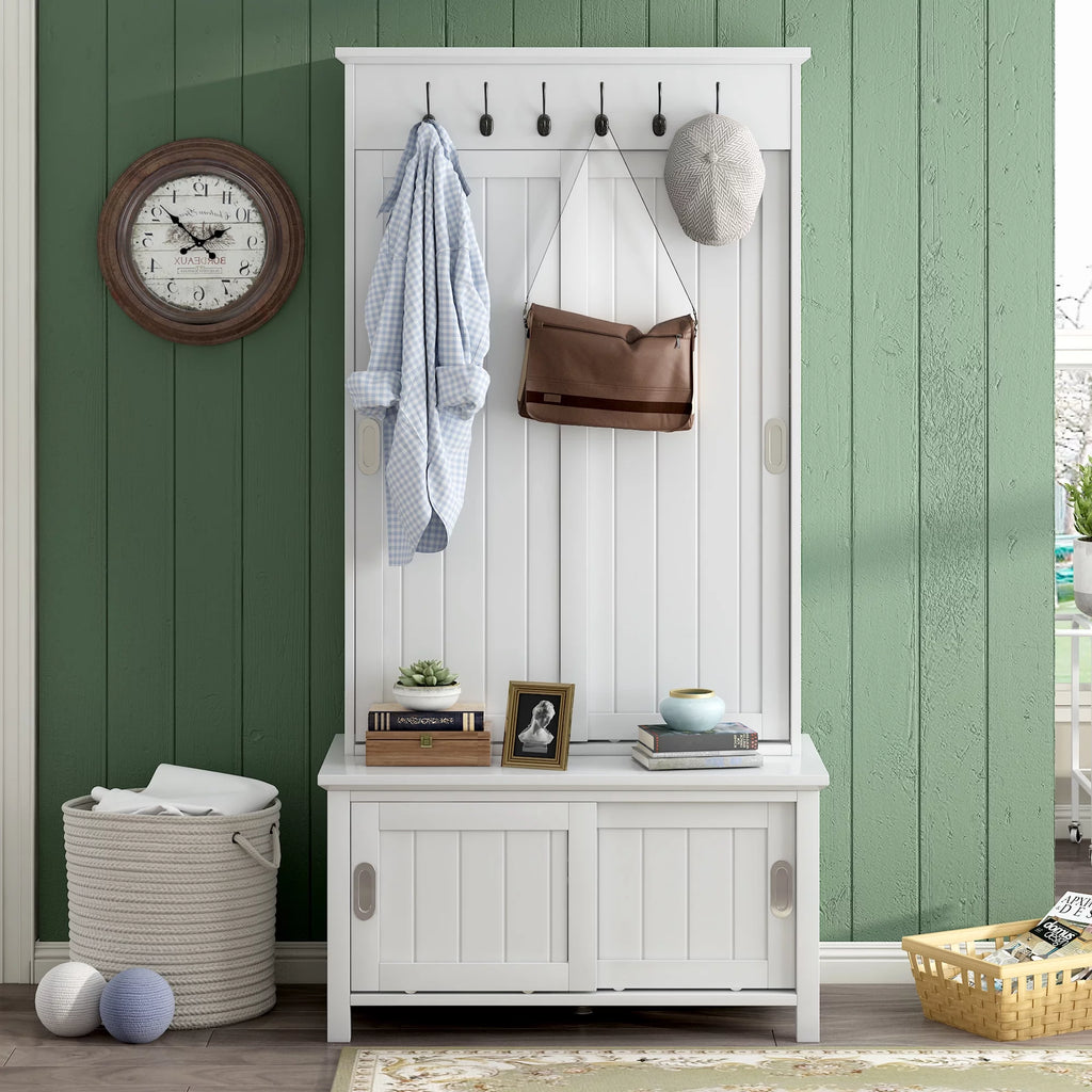 White Wooden Hall Tree with Sliding Doors and Storage Bench A939787