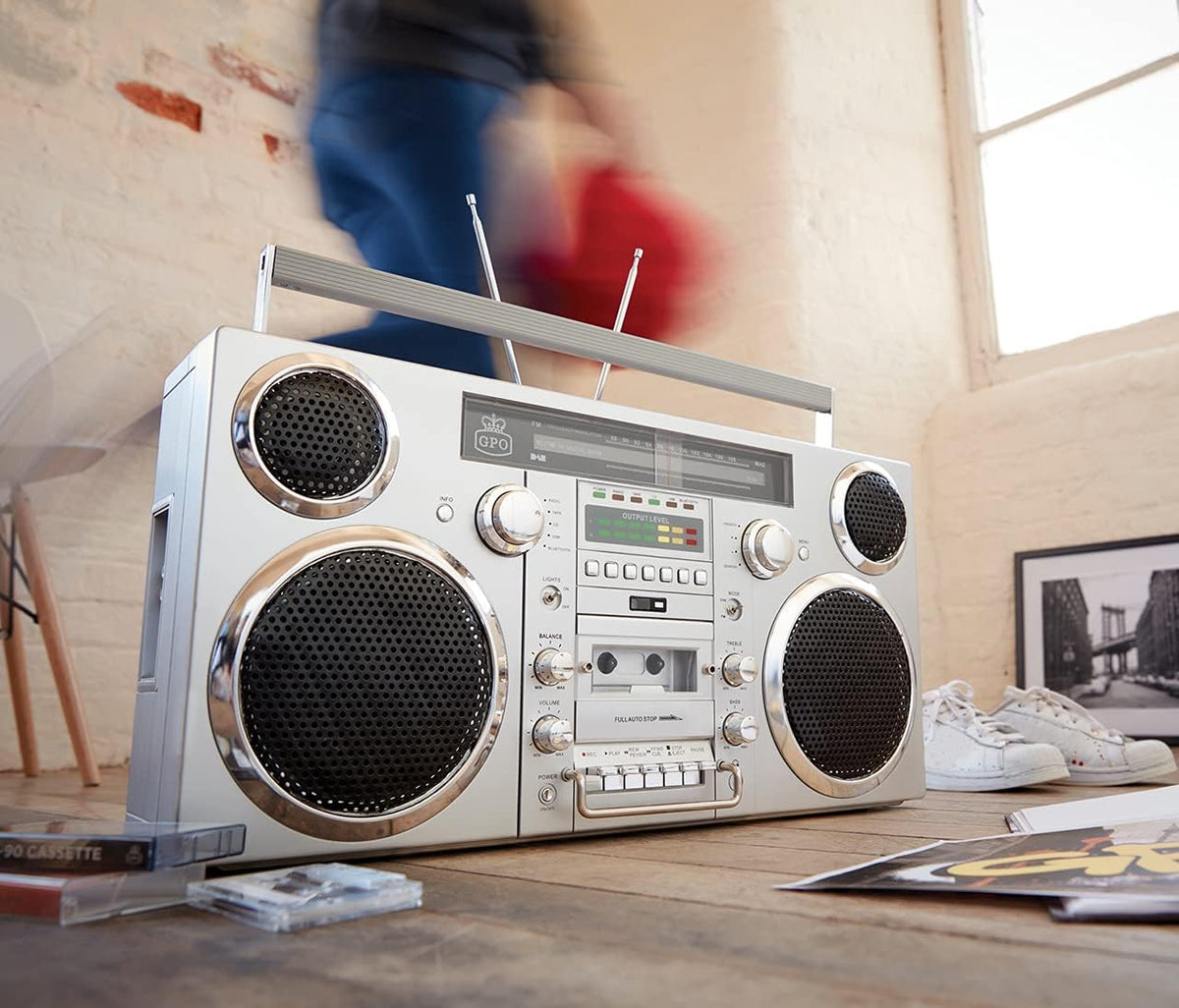 Silver Portable Boombox with CD Player Cassette Player FM Radio USB Bluetooth Speaker Y726594