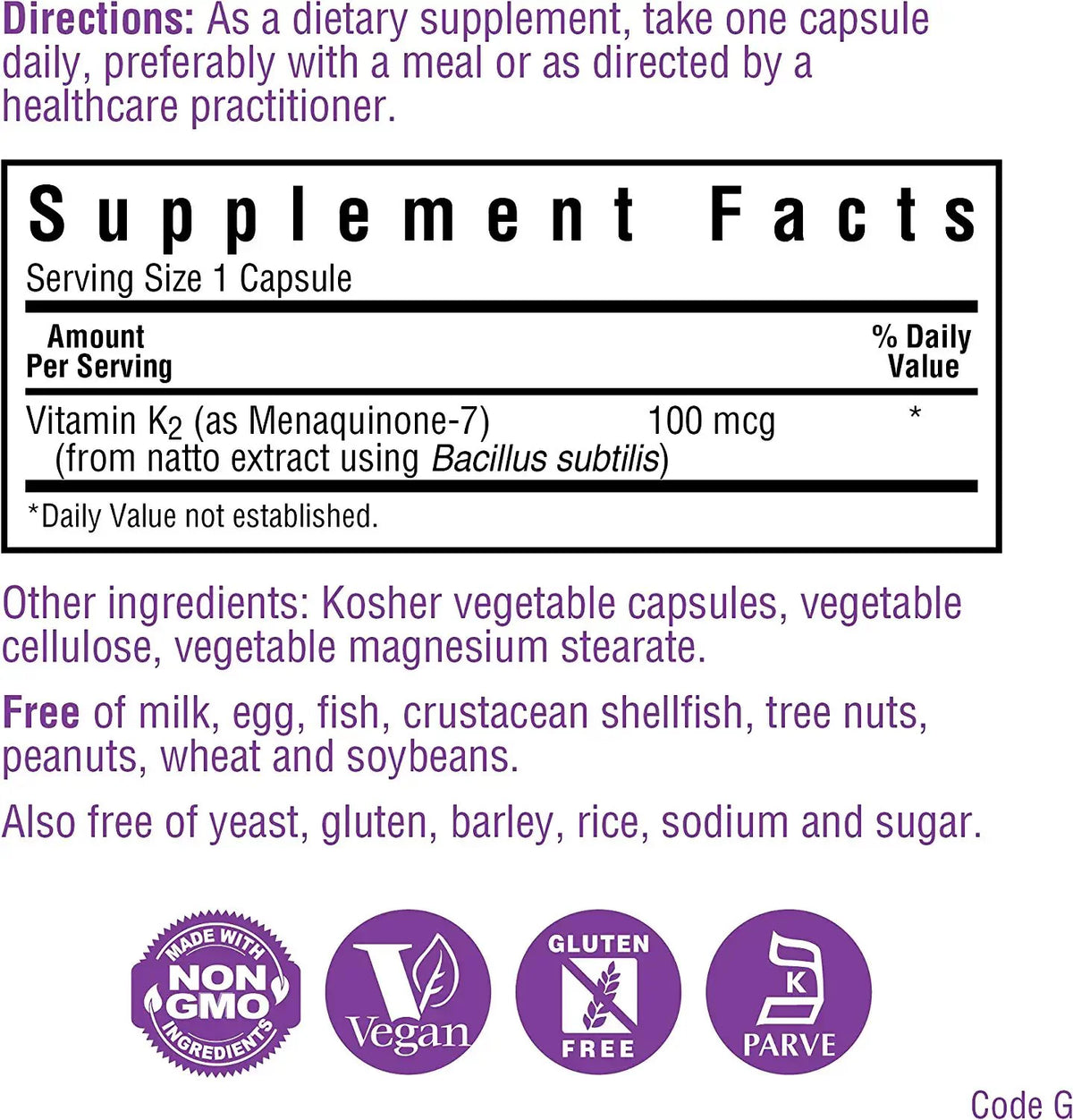 100 Count Vitamin K2 Vegetarian Capsules C291324