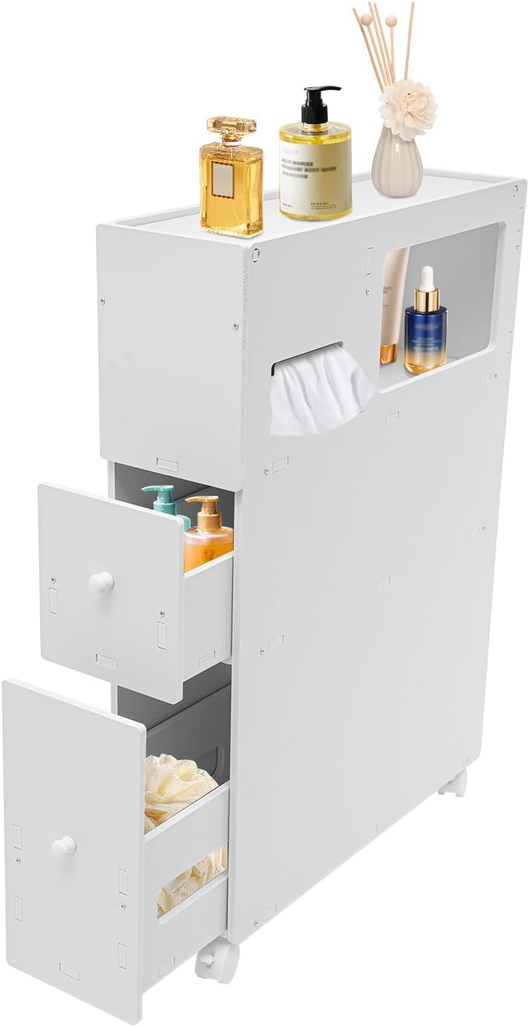 White Slim Rolling Bathroom Storage Cabinet S26323