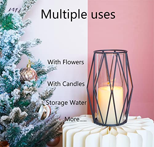 2Pcs Gold Pillar Hurricane Candle Holders, Clear Glass Candleholders with Geometric Metal Rack Stand, 8.5" A405535