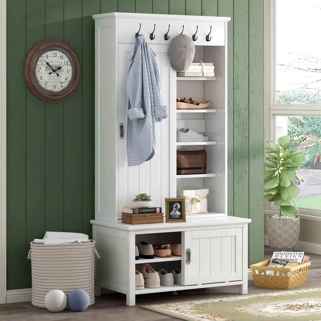 White Wooden Hall Tree with Sliding Doors and Storage Bench A939787