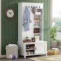 White Wooden Hall Tree with Sliding Doors and Storage Bench A939787