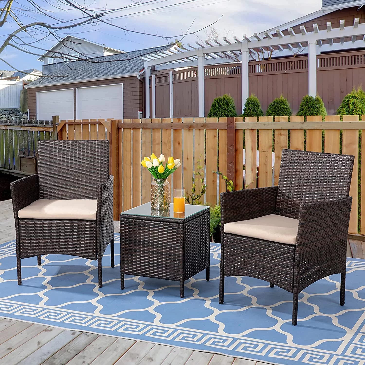 3 Pieces Outdoor Patio Furniture Set with Cushions and Coffee Table Brown Z6161