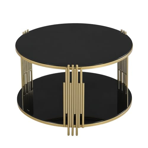 Black Round Coffee Table with Tempered Glass Tabletop and Metal Drum Base K820
