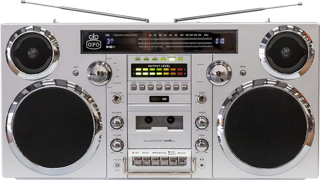 Silver Portable Boombox with CD Player Cassette Player FM Radio USB Bluetooth Speaker Y726594