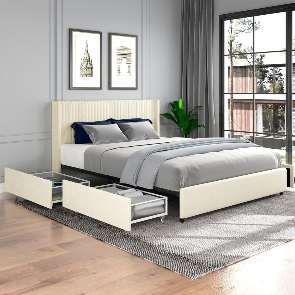 Queen Size Upholstered Bed Frame with 4 Drawers Storage and Headboard, Ivory Velvet K610906