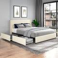 Queen Size Upholstered Bed Frame with 4 Drawers Storage and Headboard, Ivory Velvet K610906