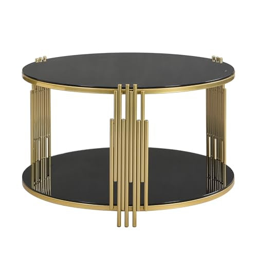 Black Round Coffee Table with Tempered Glass Tabletop and Metal Drum Base K820