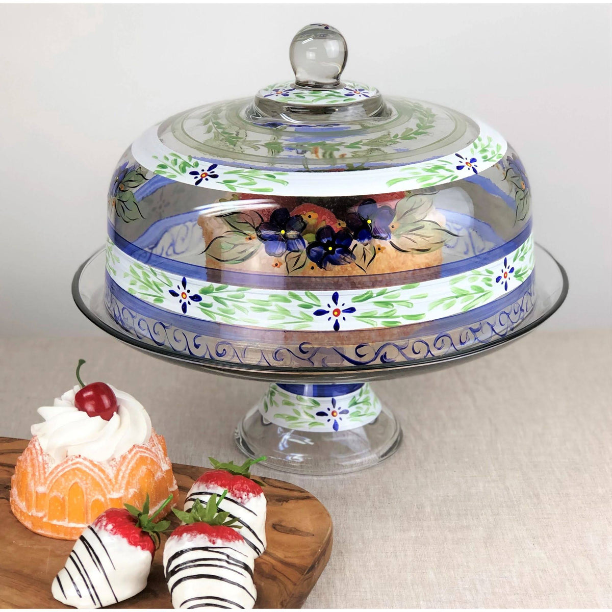 Blue Floral Hand Painted Glass Large Cake Dome W260837