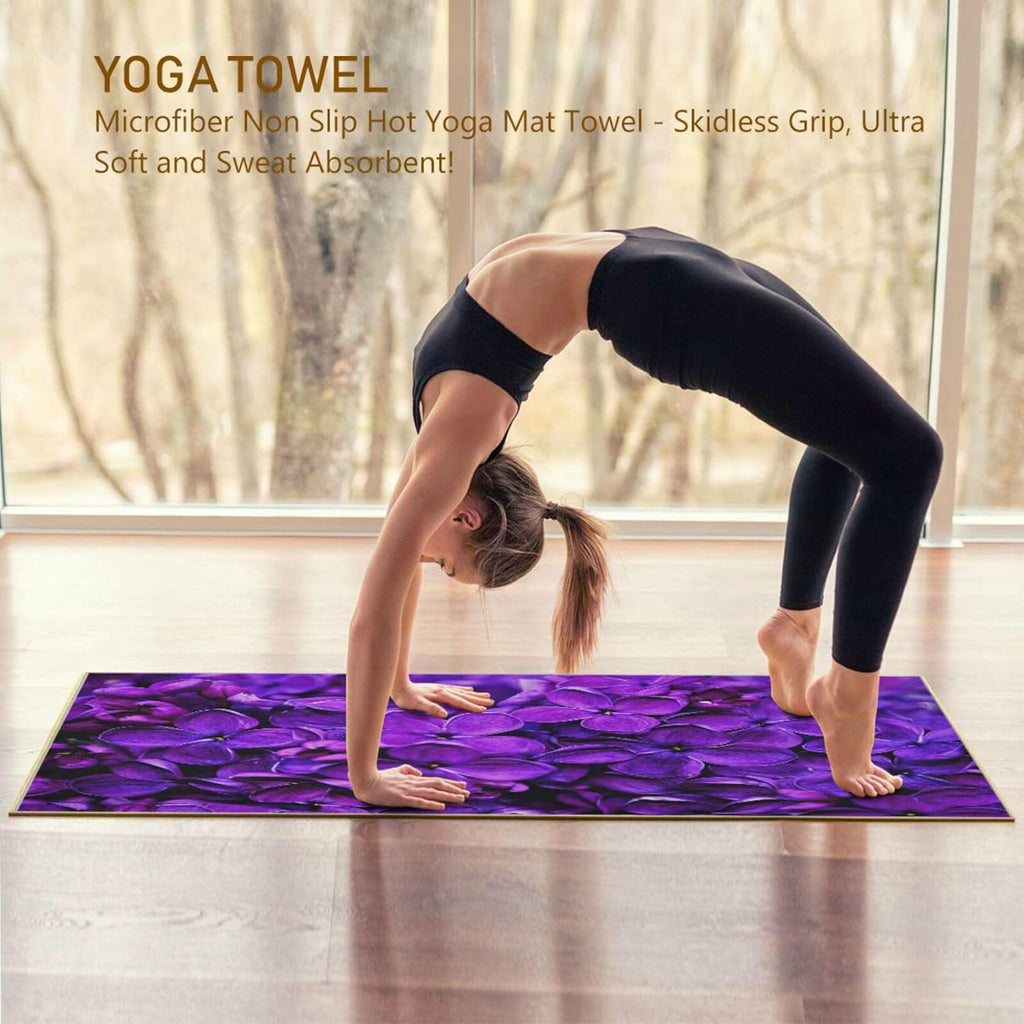 Lilac Purple Floral Non Slip Yoga Towel 73x 27 Inch with Storage Bag E34716