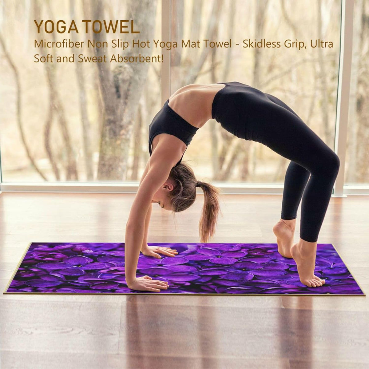 Lilac Purple Floral Non Slip Yoga Towel 73x 27 Inch with Storage Bag E34716