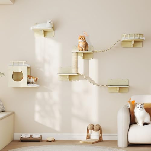 Wooden Wall-Mounted Cat Shelves with Scratching Post E741874