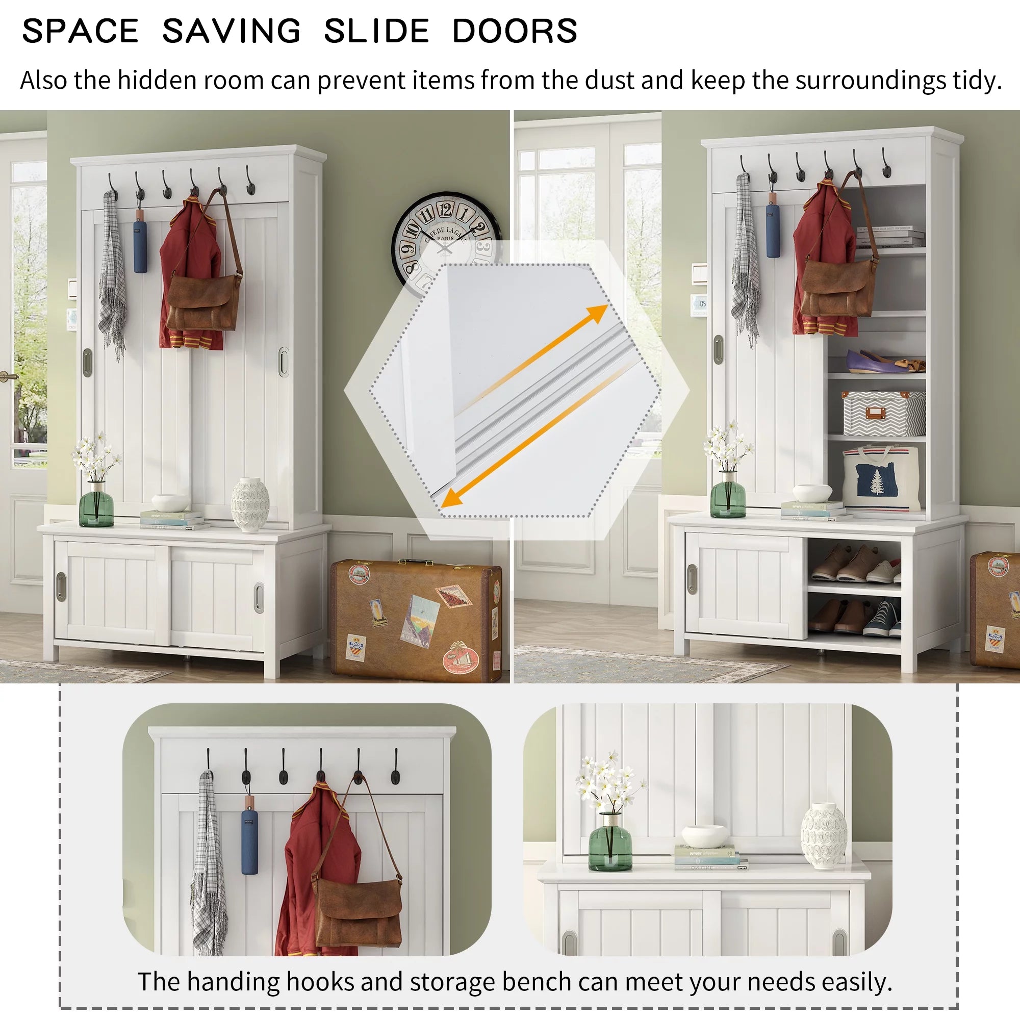 White Wooden Hall Tree with Sliding Doors and Storage Bench A939787