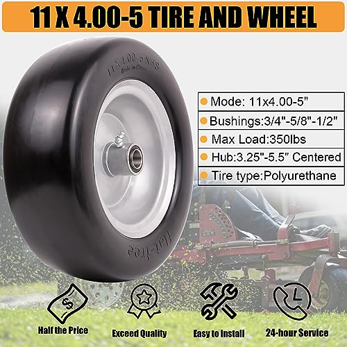 11x4.00-5 Flat Free Solid Smooth Tires and Wheel with Precision Bearings (2 Pack) V5020
