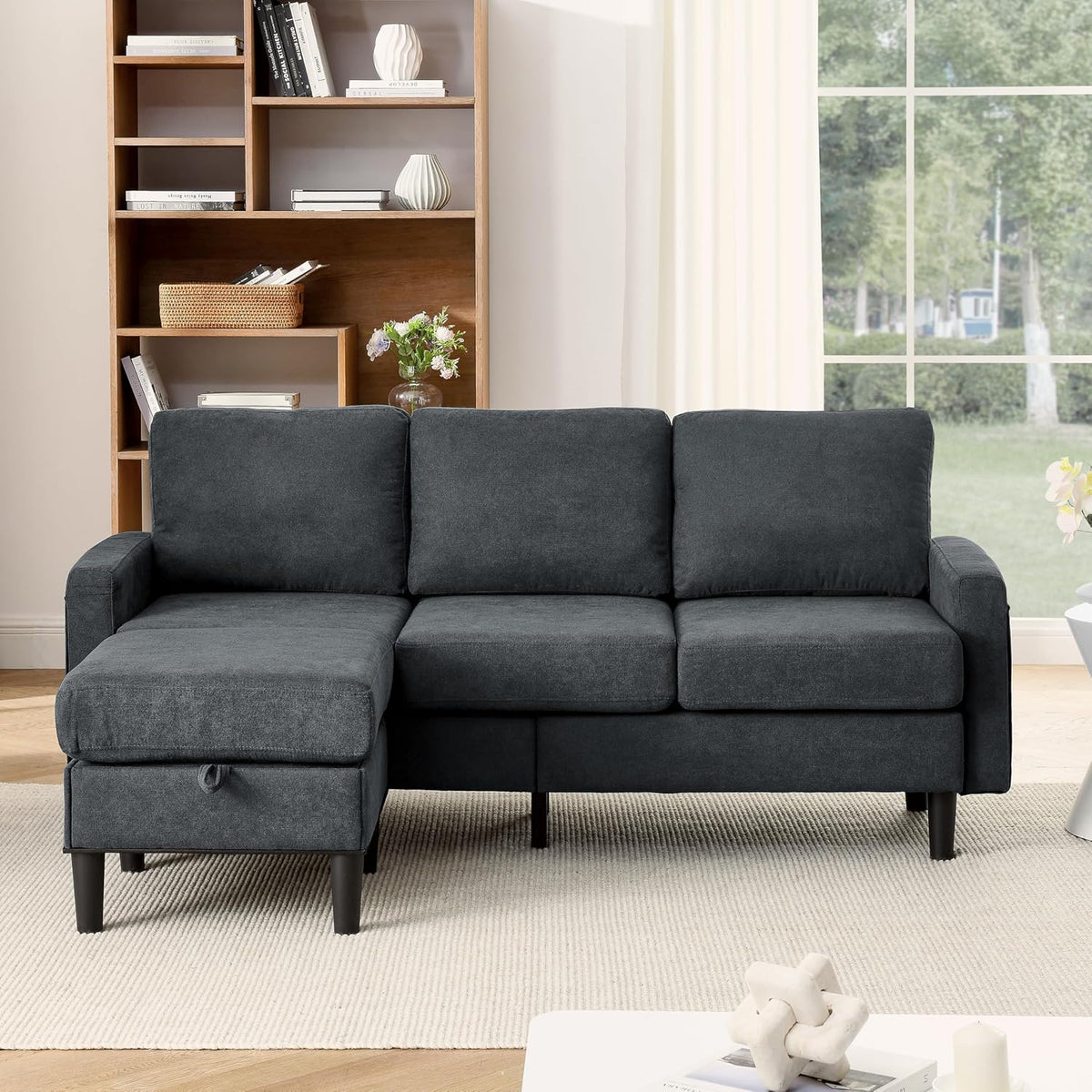 Dark Gray Fabric L Shaped Sectional Sofa with Storage Ottoman I269020