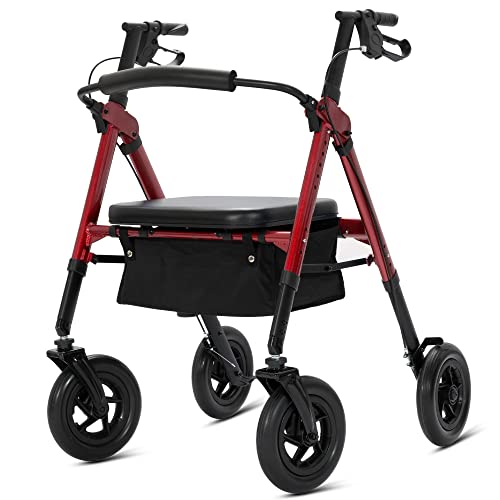 Heavy Duty All-Terrain Rollator Walker with Extra Wide Padded Seat and Backrest, 10" Non-Pneumatic Wheels, Red T1754
